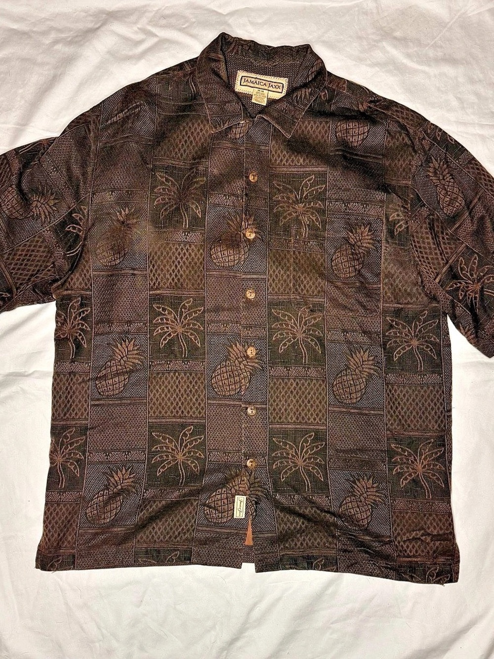 Jamaica Jaxx 100% Silk Hawaiian Shirt Medium Brown Palm Tree Pineapple Camp